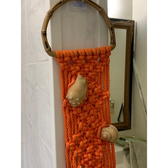 vintage orange macrame towel holder shell hippie - Picture 4 of 7